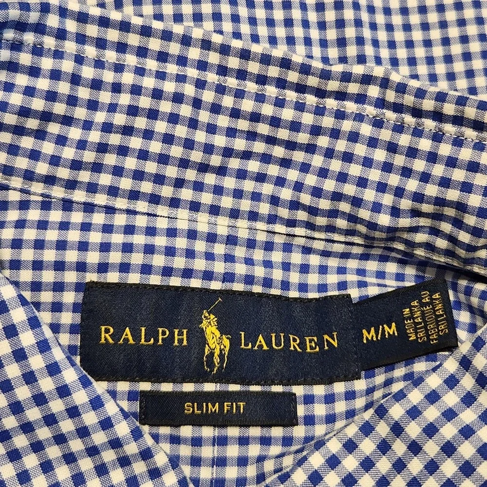 Polo Ralph Lauren Button Down Men Medium Blue White Gingham Slim Fit Long Sleeve
